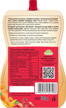 Tył opakowania saszetki Purena miksuJEMY marchew, truskawka, banan 180g. Widoczne składniki, wartości odżywcze i kod QR.