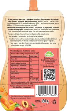 Tył pomarańczowej saszetki Purena miksuJEMY 180g z marchwią, brzoskwinią, bananem i jabłkiem, widoczne etykiety i kod kreskowy.