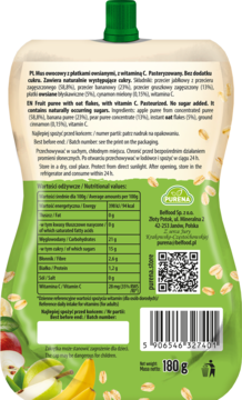 Tył zielonej saszetki Purena miksuJEMY, mus jabłko-gruszka-banan z płatkami owsianymi 180g. Tabela wartości odżywczych.