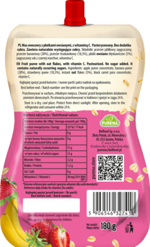 Tył opakowania Purena MiksuJEMY 180g, mus truskawka-banan z płatkami owsianymi, bez dodatku cukru.