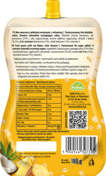 Tył saszetki Purena MiksuJEMY 180g, mus ananas-kokos z owsem, tabela wartości odżywczych, kod QR.