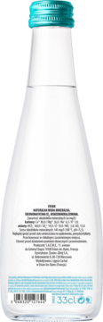 Tył butelki wody mineralnej Evian 133cl, przezroczyste szkło, turkusowa zakrętka, biała etykieta z polskim opisem.