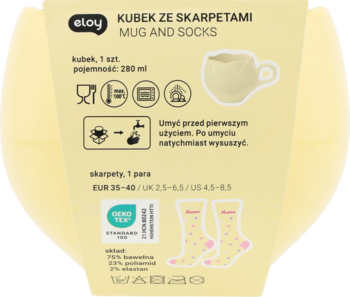 Eloy zestaw Mamma mia! kubek i skarpety w kremowym opakowaniu, widok z przodu, rozmiar 35-40.