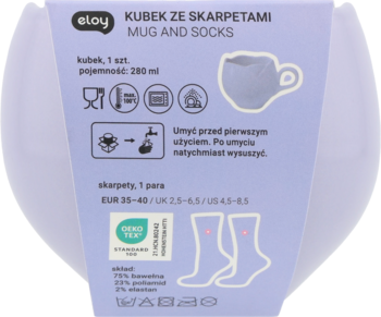 Zestaw Eloy Kubek ze skarpetami, liliowe opakowanie z grafikami kubka i skarpetek, widok z przodu.