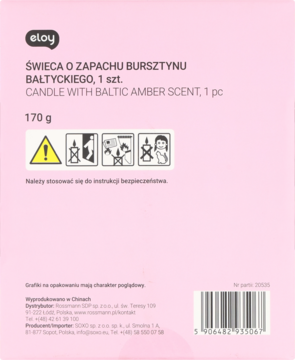 Eloy świeca zapachowa bursztyn bałtycki, 170g, tył różowego pudełka z ostrzeżeniami i kodem kreskowym.