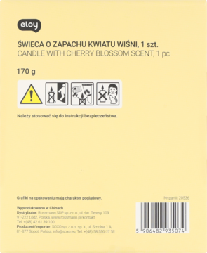 Tył żółtego opakowania świecy zapachowej Eloy o zapachu kwiatu wiśni 170g, z instrukcjami i kodem kreskowym.