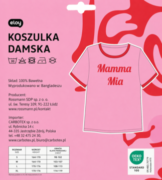 Różowa koszulka damska Eloy z czerwonymi obszyciami i napisem Mamma Mia, 100% bawełna, widok z przodu na karcie produktu.