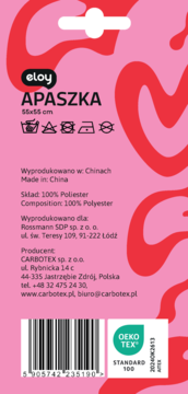 Różowa etykieta Eloy Apaszka poliestrowa 55x55 cm z czerwonym wzorem, zawiera skład, pochodzenie i symbole prania.