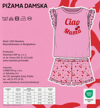 Ilustracja różowej piżamy damskiej: bluzka "Ciao Mama" z falbankami i szorty w wisienki.