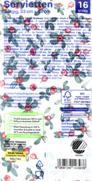 Tył opakowania papierowych serwetek Alouette z motywem ostrokrzewu, 16 sztuk, 3-warstwowe, 33x33 cm.