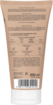 Tył opakowania maski koloryzującej do włosów brązowych 200 ml w beżowej tubce, z napisami i składem.