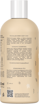Tył beżowej butelki wzmacniającego szamponu 500 ml z białą nakrętką i opisem działania w języku polskim.