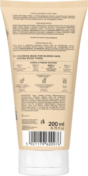 Tył beżowej tubki maski koloryzującej do włosów blond 200ml, z tekstem 'Adding Beige Tones' i kodem EAN.