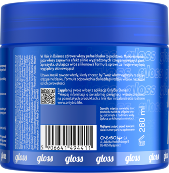 Tył niebieskiej maski do włosów Hair in Balance gloss, okrągły słoik z białym tekstem i kodem QR, 280 ml.
