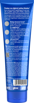 Tył niebieskiej tubki kremu wygładzającego do włosów Gloss 150 ml z tekstem i kodem kreskowym.