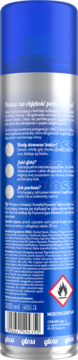 Niebiesko-srebrny spray do włosów, tył opakowania z polskimi instrukcjami i kodem kreskowym.