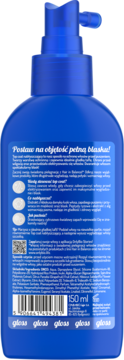 Tył niebieskiej butelki preparatu Gloss 150ml z pompką, widoczna etykieta z obietnicą objętości i blasku.