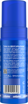 Tył niebieskiej butelki pianki do włosów Volume 150 ml, z czytelnym opisem produktu i kodem kreskowym.