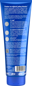 Tył niebieskiej tubki szamponu Gloss Hair in Balance 250ml z polskim opisem i kodem kreskowym.