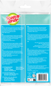 Tył opakowania Scotch-Brite Maxi, uniwersalne ściereczki z wiskozy. Wielojęzyczny opis i kod kreskowy.