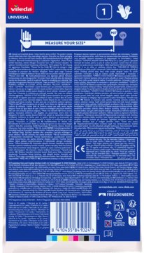 Tył niebieskiego opakowania rękawic Vileda Universal nitrylowych, z tekstem, rozmiarem, CE i kodem kreskowym.