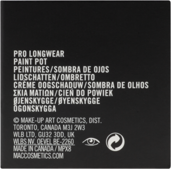 Tył czarnego opakowania MAC Pro Longwear Paint Pot (bazy/cienia do powiek) z białym tekstem.