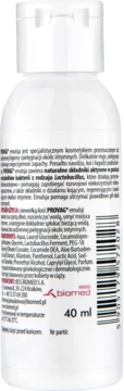 Tył białej butelki ProVag emulsji do higieny intymnej 40 ml, z czytelnym opisem, składem i kodem kreskowym.