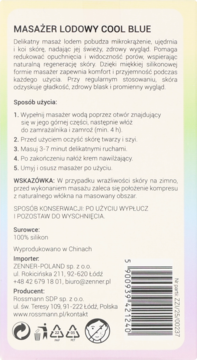 Tył opakowania masażera lodowego COOL BLUE: biała etykieta z opisem użytkowania i składem produktu.