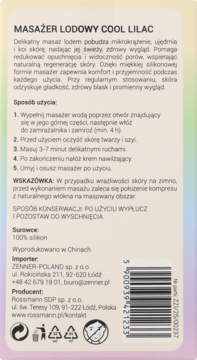 Tył jasnofioletowego opakowania masażera lodowego Cool Lilac z instrukcją użycia, składem (100% silikon) i kodem kreskowym.