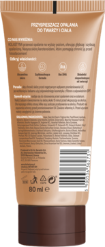 Tył brązowej tubki Kolastyna Przyspieszacz Opalania 80ml, ze składem, kodem kreskowym, efekt superszybki.