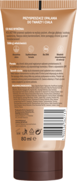 Brązowa tuba Kolastyna Przyspieszacz opalania do twarzy i ciała, tył z instrukcjami, składem i kodem EAN.