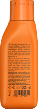 Pomarańczowa butelka żelu do ciała 100 ml, widok z tyłu z opisem, składem i kodem kreskowym produktu.