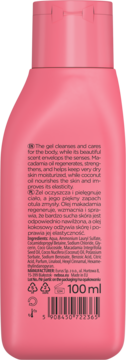 Różowy żel do mycia ciała z olejem makadamia i kokosowym, tył butelki z etykietą, składem i kodem kreskowym, 100ml.