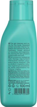 Tył turkusowej butelki żelu do ciała 100ml z etykietą, kodem kreskowym i listą składników w języku polskim i angielskim.