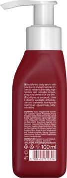 Tył serum Neboa Nutri Glow w bordowej butelce 100ml z pompką. Opis i skład z awokado, antyoksydantami.