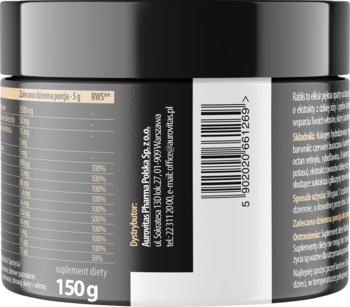 Tył czarnego opakowania Rablis 150g, suplementu kolagenowego, z białą etykietą zawierającą skład i dystrybutora.