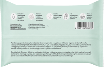 Tył jasnozielonej paczki nawilżanego papieru toaletowego herbal z ikonami cech i kodem kreskowym.