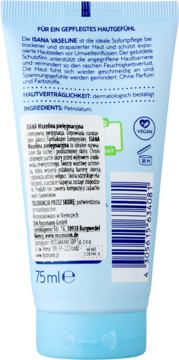 Tył jasnoniebieskiej tubki ISANA Wazelina pielęgnacyjna 75ml, z tekstem o działaniu i składzie dla suchej skóry.