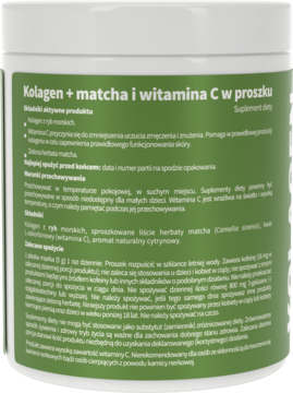 Biało-zielone opakowanie Kolagen + Matcha + Witamina C w proszku, suplement diety, widok boczny etykiety.