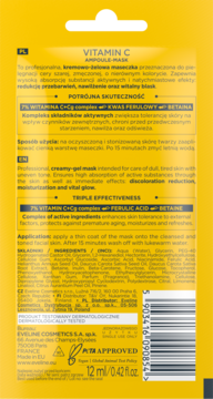 Tył żółtej saszetki Eveline Vitamin C Ampoule Mask z informacjami i składnikami, widoczny kod kreskowy.