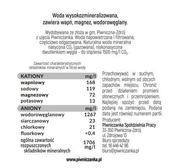 Etykieta wody Piwniczanka, widok z tyłu, tabela składu mineralnego: kationy, aniony i całkowita zawartość w mg/l.