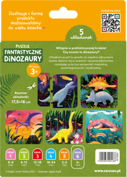 Tylna strona opakowania puzzli CzuCzu Fantastyczne Dinozaury (3+), 5 układanek z kolorowymi scenami.