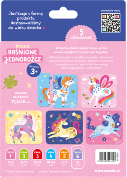 Tył opakowania puzzli BAŚNIOWE JEDNOROŻCE, 5 układanek dla dzieci 3+ z barwnymi jednorożcami.