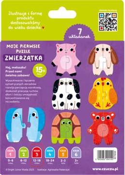 Tył opakowania Moje Pierwsze Puzzle Zwierzątka Czuczu, 7 barwnych zwierząt do łączenia, dla maluchów 12-18m+.