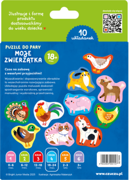 Tył opakowania puzzli "Moje Zwierzątka", 10 układanek. Kolorowe zwierzęta gospodarskie na niebieskim tle.
