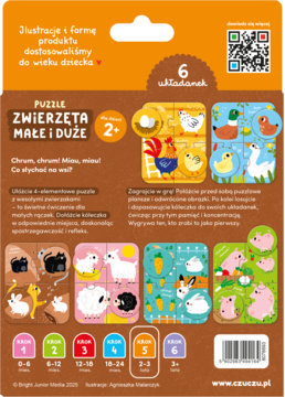 Tył opakowania puzzli Czuczu "Zwierzęta Małe i Duże" dla 2+, z 6 układankami zwierząt gospodarskich.