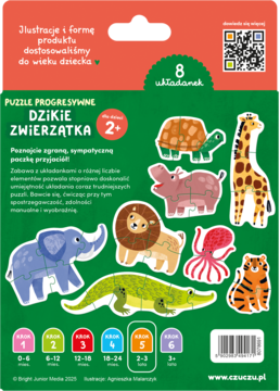 Tył opakowania puzzli Czucau "Dzikię Zwierzątka", 8 progresywnych układanek z uroczymi zwierzętami dla 2+ lat.