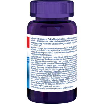 Tył fioletowej butelki suplementu Doppelherz Melatonina Żelki, z widocznym opisem i składem.