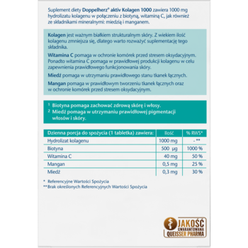 Informacje o Doppelherz® aktiv Kolagen 1000: skład, dawkowanie, działanie na skórę, włosy, tkanki.