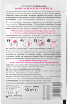 Tył różowego opakowania maski w płachcie na brzuch dla kobiet w ciąży, z tekstem po polsku i angielsku.